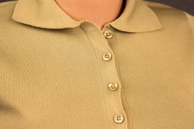 Klasik yakalı ve düğmeli bir polo gömlek bir mankenin üzerinde sergilenir. Stüdyonun kumaşın dokusunu ve rengini vurgulayan yumuşak ışıklandırması var..