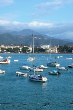 Sestri Levante, Italy - 10 January 2025. Resort town on sea and in mountains. Nature and rest. Tourism, marina, yachts and holidays. . High quality photo clipart