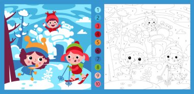 Rakamlara göre renk oyunu. Çocuklar için eğitici bulmaca. Sevimli düz basit sahne. Kış ve spor. - Evet. Yüksek kalite fotoğraf