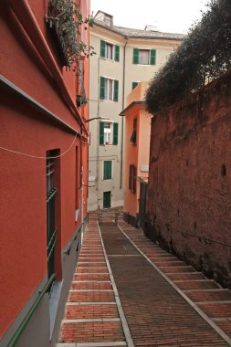 Geleneksel binalar ve merdivenler, eski şehrin dar sokakları. İtalya 'nın Ceneviz ve Ortaçağ mimarisi. Pencereler ve kapılar. - Evet. Yüksek kalite fotoğraf