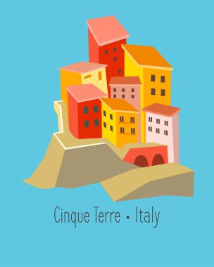 İtalya 'nın dağlarındaki renkli binalar. Liguria 'daki Cinque Terre manzarası ve binaları. Geleneksel Akdeniz simgesi. İtalya ve turizm. Mavi arka planda izole bir illüstrasyon. - Evet. Vektör