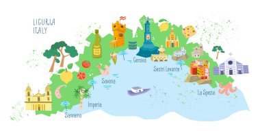 Liguria Haritası, İtalya. Manzaralar ve binalar. Geleneksel Akdeniz doğası ve yiyeceği. İtalya ve turizm. Beyaz arka planda izole bir illüstrasyon. - Evet. Yüksek kaliteli illüstrasyon