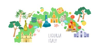Liguria Haritası, İtalya. Manzaralar ve binalar. Geleneksel Akdeniz doğası ve yiyeceği. İtalya ve turizm. Beyaz arka planda izole bir illüstrasyon. - Evet. Vektör illüstrasyonu