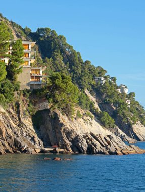 Turistler için taş yolu olan deniz kenarındaki uçurum. Panorama ve rahatlama. Güneşli bir gün ve huzur. Zoagli, Ceneviz, İtalya. - Evet. Yüksek kalite fotoğraf
