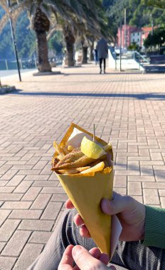 Yağda kızartılmış ançüezler. Geleneksel yerel balık yemeği. Denizde bir sürü yiyecek. Fast food. İtalya, Liguria ve ulusal yemekler. - Evet. Yüksek kalite fotoğraf