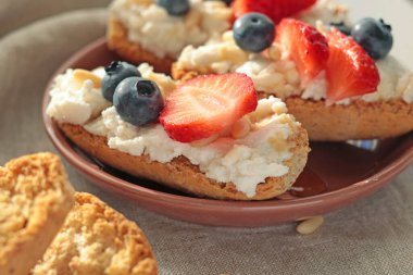 Rostini, ricotta, böğürtlen, çam fıstığı. Kahvaltıda peynirli kızarmış ekmek dilimleri. Sağlıklı bir yemek ve atıştırmalık. Yüksek kalite fotoğraf