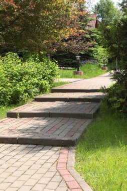 Parkın fayanslardan yapılma basamakları olan patika. Yazın güneşli bir günde yeşil ağaçlar ve çalılar. Tasarım için arka plan. Ekoloji ve doğa. Peyzaj tasarımı. - Evet. Yüksek kalite fotoğraf