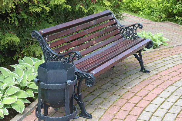 Tahta bank, parktaki fayans yolunun yanında işlenmiş demir çöp kutusu. Yazın güneşli bir günde yeşil çimenler, çalılar ve ağaçlar. Tasarım için arka plan. Ekoloji ve doğa. Peyzaj tasarımı. - Evet. Yüksek kalite fotoğraf