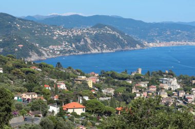 Camogli, İtalya - 11 Temmuz 2025. Yatlar, Liguria körfezindeki tekneler. İtalya 'da deniz ve turizm. Geleneksel binalar. Tasarım için arka plan. Yüksek kalite fotoğraf