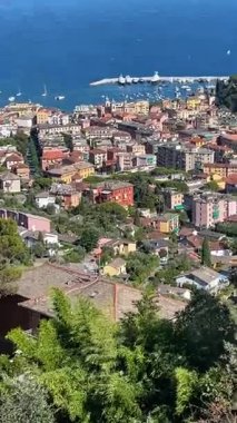 Camogli, İtalya - 11 Temmuz 2025. Yatlar, Liguria körfezindeki tekneler. İtalya 'da deniz ve turizm. Geleneksel binalar. Tasarım için arka plan. Yüksek kaliteli FullHD görüntüler
