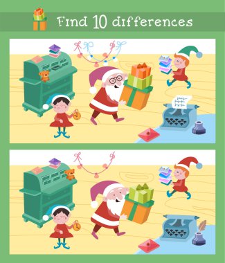 10 farklılık bul. Noel Baba ve elfler Noel için hazırlanıyorlar. Çocuklar için bulmaca. Tasarım için çocuk oyunu sahnesi. Vektör çizimi. Vektör illüstrasyonu