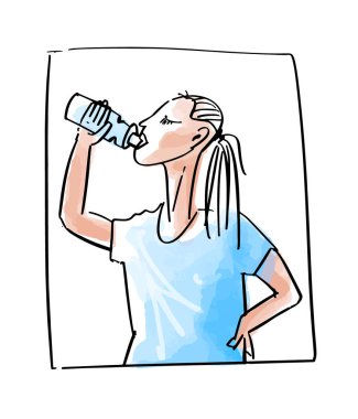 Şişeden su içen kız. İzole edilmiş vektör çizimi, mürekkeple çizilmiş el yazısı. Spor ve sağlık. Vektör illüstrasyonu