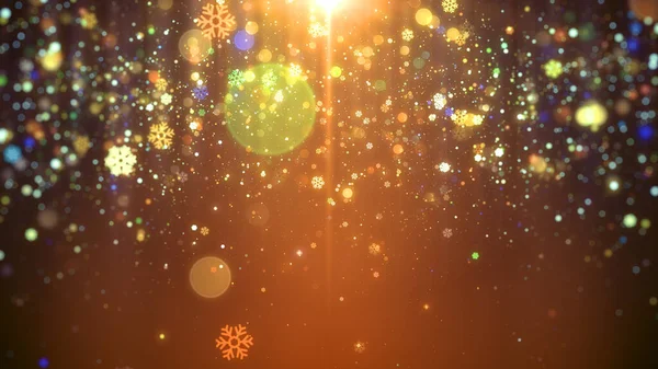Fond Noël Doré Avec Particules Flocons Neige Lumières Brillantes — Photo