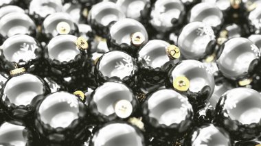 Gümüş noel baloları arka planda birikir, 3 boyutlu görüntüleme.