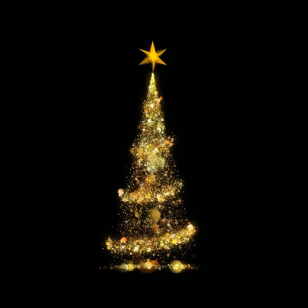 Gold christmas tree lights on black background.