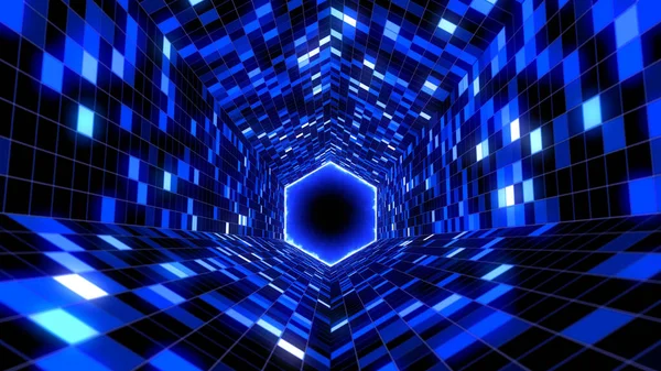 Sześciokąt Migający Tunel Niebieskie Światła Abstrakcyjne Tło — Zdjęcie stockowe