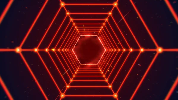 Rode Zeshoek Laser Lichten Tunnel Abstracte Achtergrond — Stockfoto