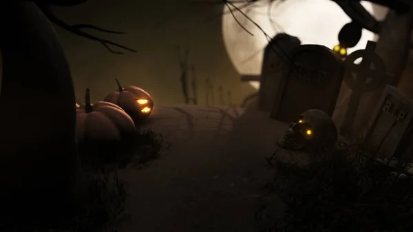 Jack Lámpa Temetőben Ijesztő Halloween Éjszakai Háttér — Stock Fotó