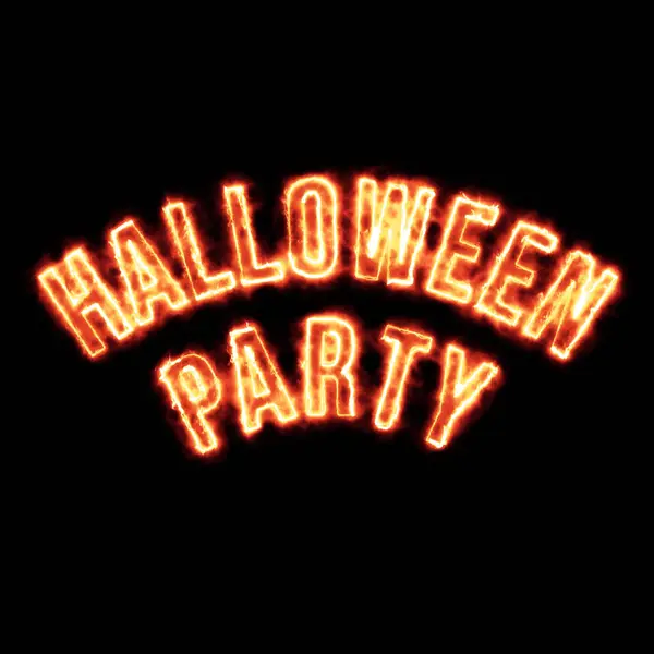 Halloween Party Slovo Oheň Hoří Černém Pozadí — Stock fotografie