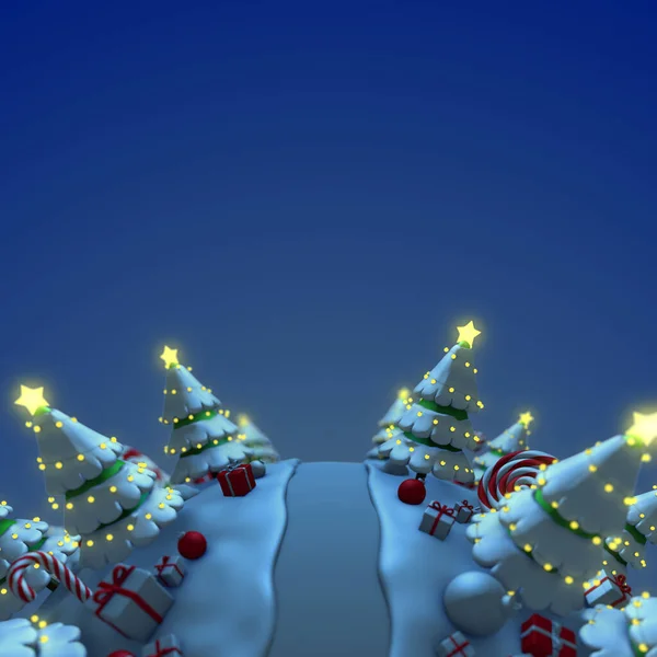 Fundo Natal Com Árvores Desenhos Animados Caixas Presente Cana Açúcar Fotos De Bancos De Imagens