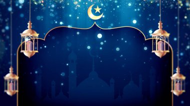 İslam bayramı için içinde fener ve hilal bulunan Ramazan Kareem tebrik kartı..