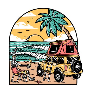 The skull is camping on the beach