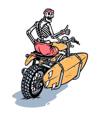 skull riding a motorbike carrying a surfboard clipart