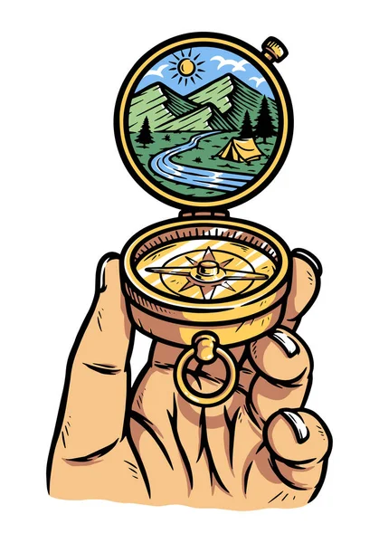 Prachtig Uitzicht Bergen Kompas — Stockvector