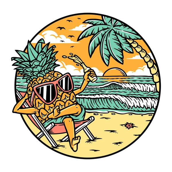 Pineapple Lying Enjoying Beach — Stock Vector