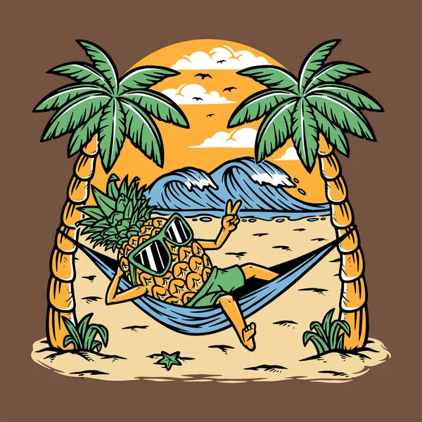 Pineapple Lying Beach Illustration — Stock Vector