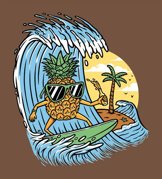 Pineapple Surfing Sea — Stok Vektör