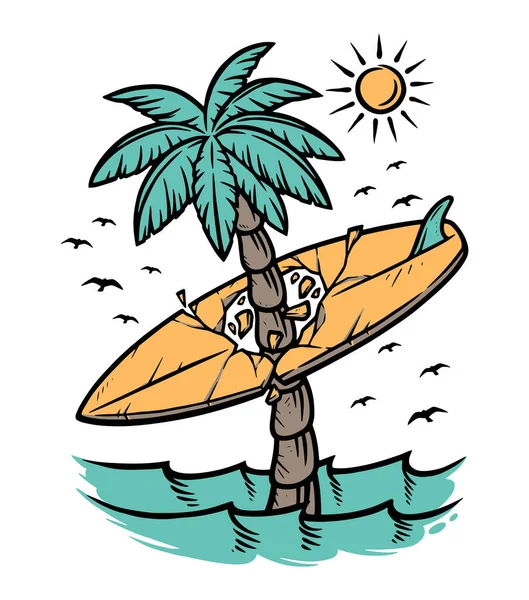 Drzewa Kokosowe Deski Surfingowe Morzu — Wektor stockowy
