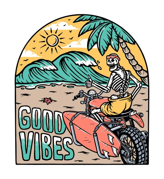 Skull Trip Beach Riding Motorcycle — Vector de stock