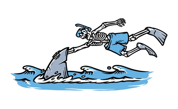 Nuoto Del Cranio Con Squali Nel Mare — Vettoriale Stock