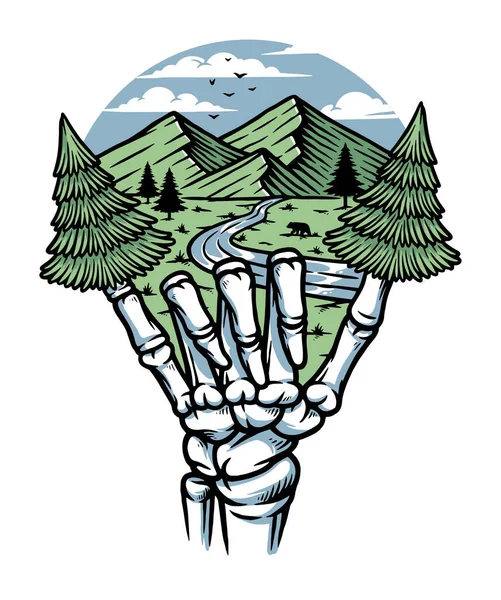 Shaka Κρανίο Χέρι Και Θέα Στο Βουνό — Διανυσματικό Αρχείο