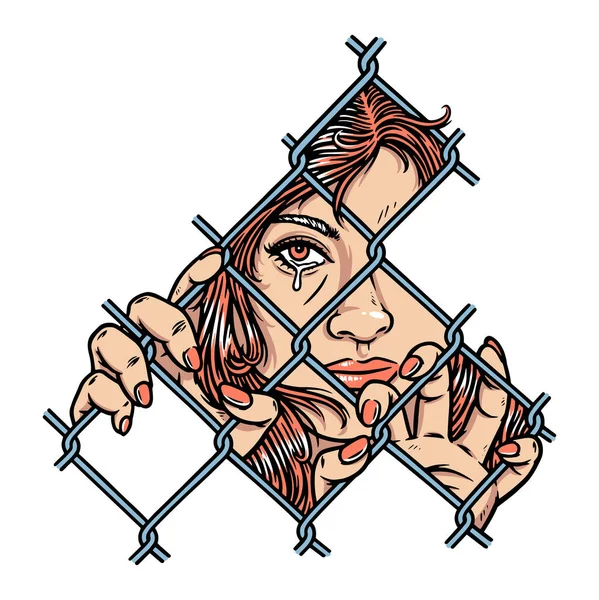 Sad Face Woman Metal Fence — Stock Vector