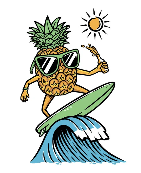 パイナップルは海でサーフィンしている — ストックベクタ