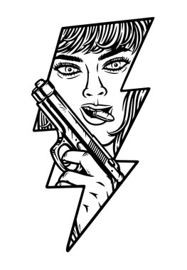 Yıldırım şeklinde silahlı bir kadın.