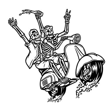 eğlenceli çizgiler çizerken motosiklete binen kafatası