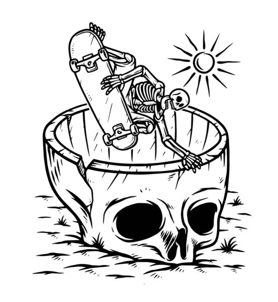 hand drawing of skull skater line illustration