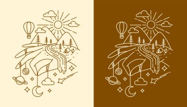 çizgi sanatı. El ve dağ manzarası tasarımı