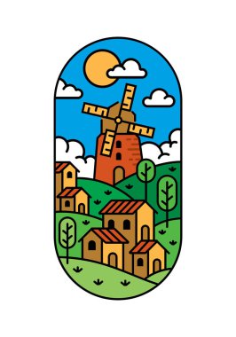 Köyün manzarası ve yel değirmeni çizimi