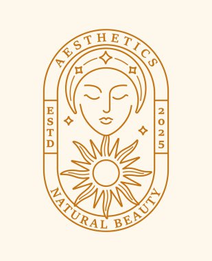 Güzel kadın ay ve güneş ışığı oval rozetli.