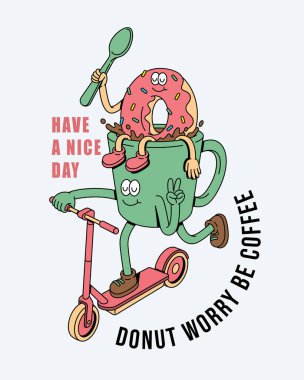 Donut Kahve Scooter Retro sevimli illüstrasyon