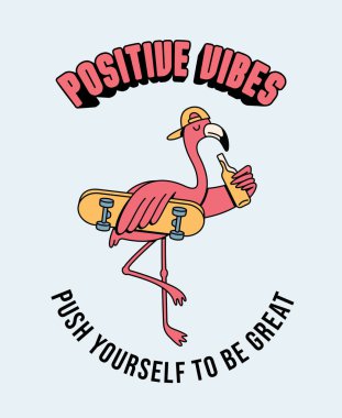 Flamingo kaykayı geriye dönük sevimli illüstrasyon