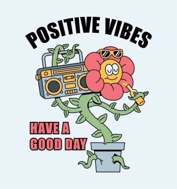 Çiçek boombox retro sevimli illüstrasyon