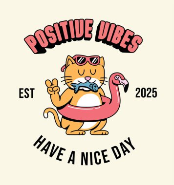 kedi flamingo retro sevimli illüstrasyon