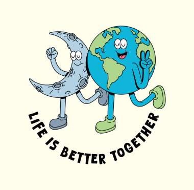 Toprak ve hilal retro sevimli illüstrasyon