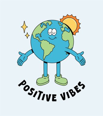 Dünya mutlu retro sevimli illüstrasyon