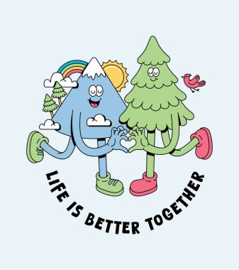 dağ ve ağaç retro karikatür çizimi